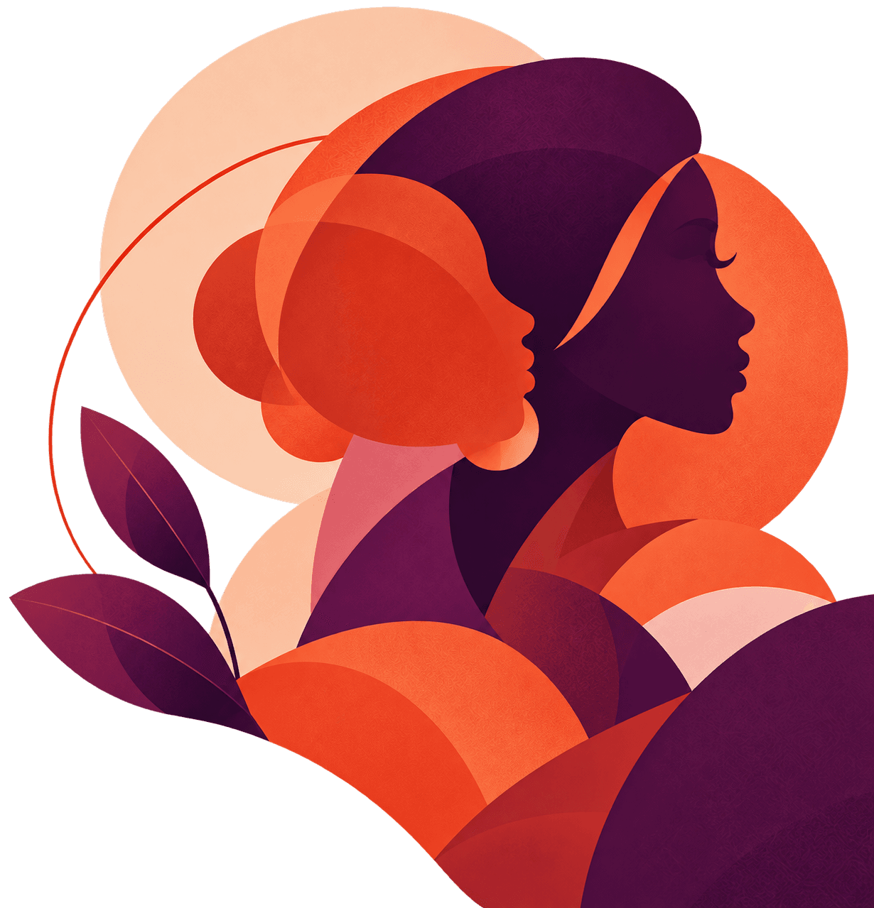 Profils féminins superposés et formes végétales, en violet, corail et pêche
